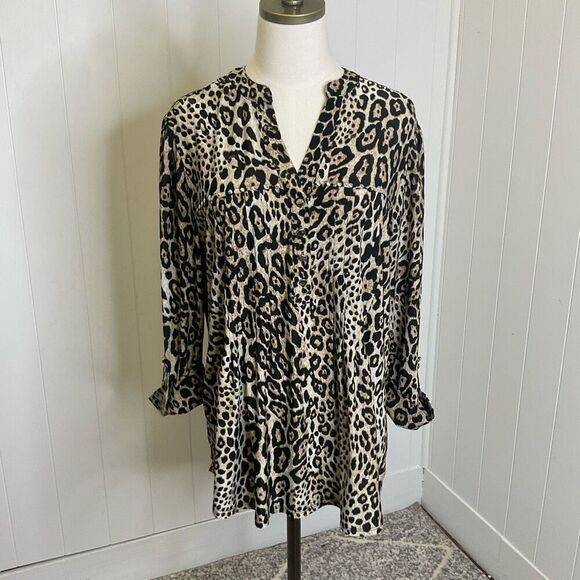 Vintage Cocomo for Women Size XL Brown Black Leopard Print Button Down Shirt Top - Picture 1 of 12